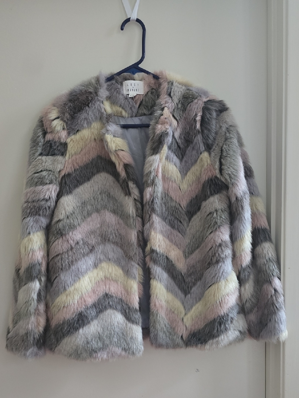Lost + Wander XS Pastel Chevron Faux Fur Jacket Multicolor Shag LJBM0217